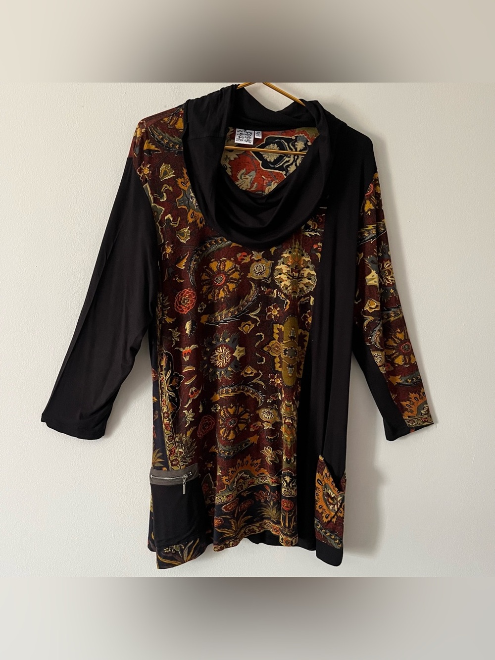 Parsley & Sage Black Burgundy Orange Gold Moody Floral Cowl Neck Boho Tunic 1X